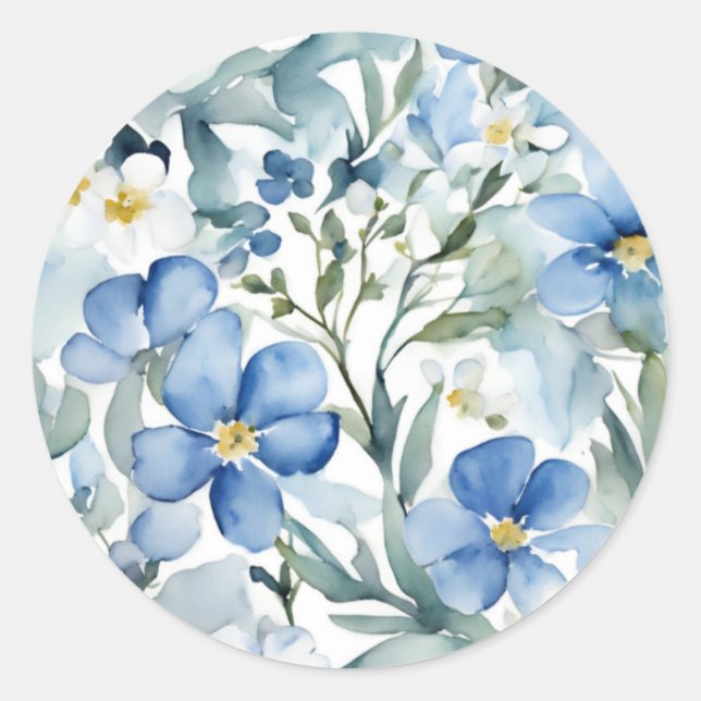 Blue White Flowers Watercolor Chic Classic Round Sticker (Front)
