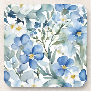 Blue White Flowers Watercolor Chic Coaster
