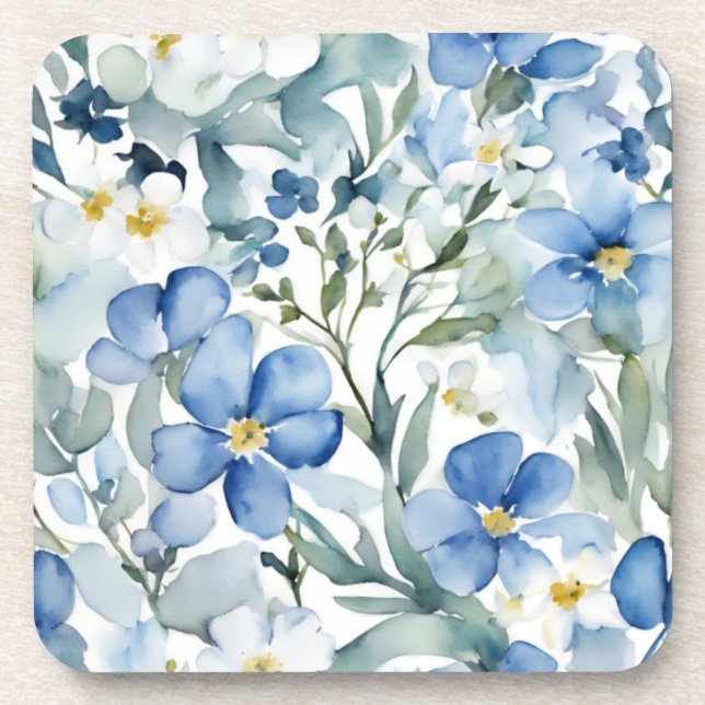 Blue White Flowers Watercolor Chic Coaster (Front)