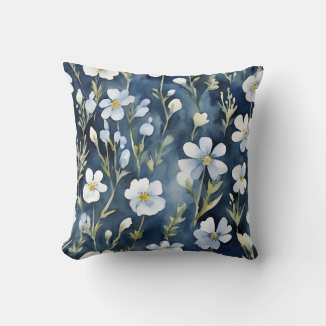 Blue White Flowers Watercolor Chic Cushion (Front)
