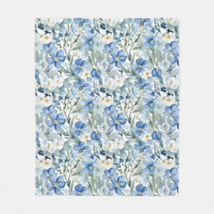 Blue White Flowers Watercolor Chic Fleece Blanket