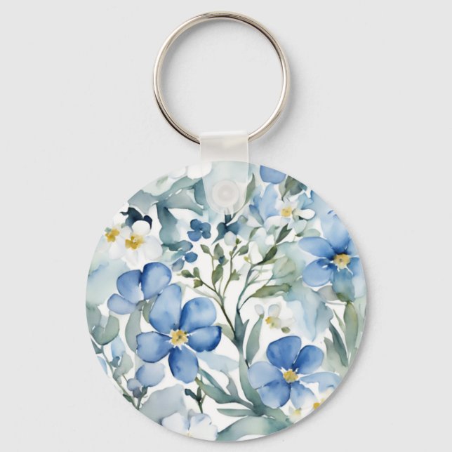 Blue White Flowers Watercolor Chic Key Ring (Front)