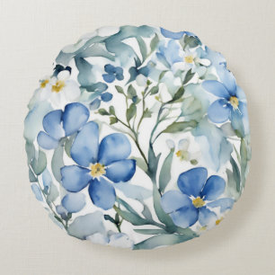 Blue White Flowers Watercolor Chic Round Cushion