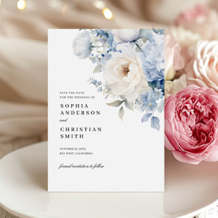 Blue & White Flowers Wedding Save The Date Card