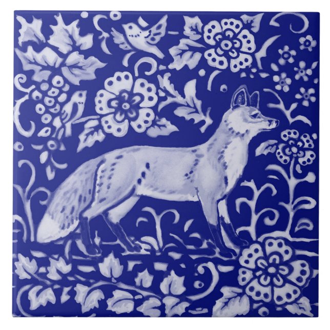 Blue White Fox Bird Woodland Farmhouse Rustic Art  Ceramic Tile (Front)