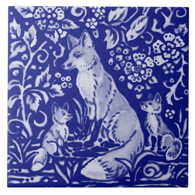 Blue White Fox Family Animal Farmhouse Rustic Art  Ceramic Tile (Front)