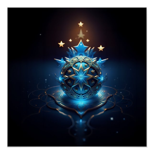 Blue White Fractal Design With Stars Poster (Front)