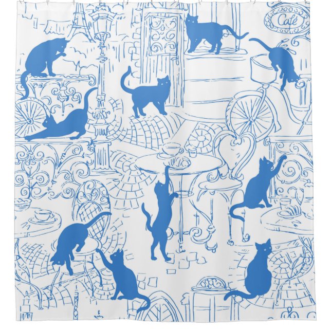 Blue White French Cat Paris Cafe Shower Curtain (Front)
