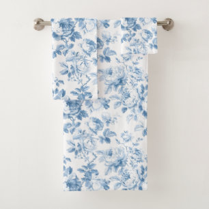 Blue & White French Country Toile Floral Bath Towel Set