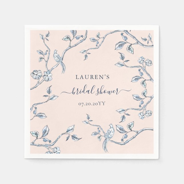 Blue & white French toile on Pink Bridal Shower Napkin (Front)