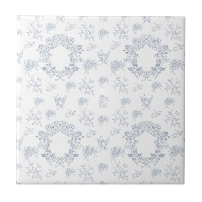 Blue White French Toile Pattern Ceramic Tile (Front)