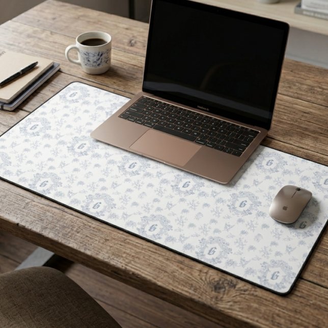 Blue White French Toile Pattern Monogram Desk Mat (Creator Uploaded)
