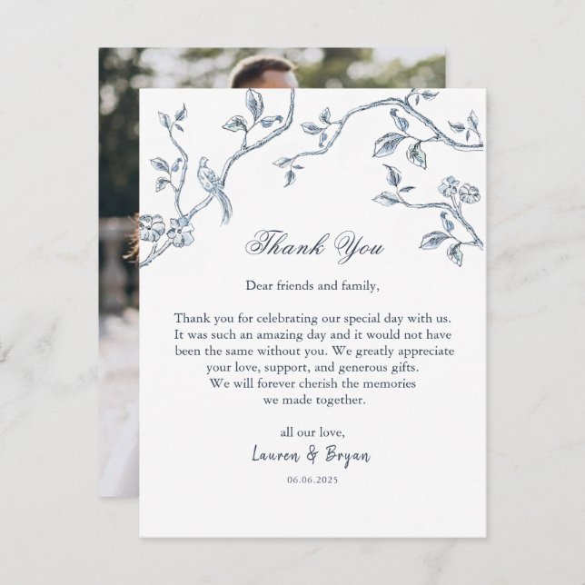 Blue & white French Toile Wedding flat Thank You Card (Front/Back)