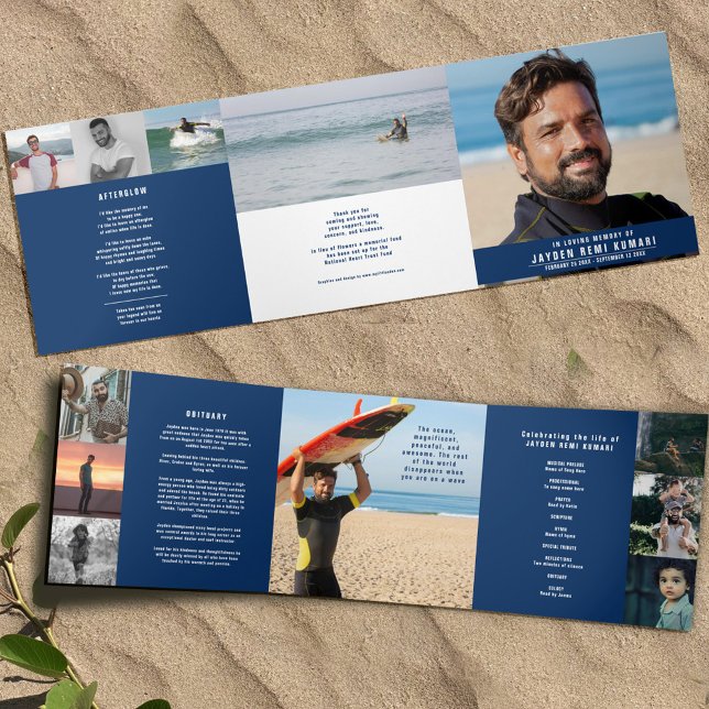 Blue white Funeral service mono custom photos Tri-Fold Programme (Creator Uploaded)