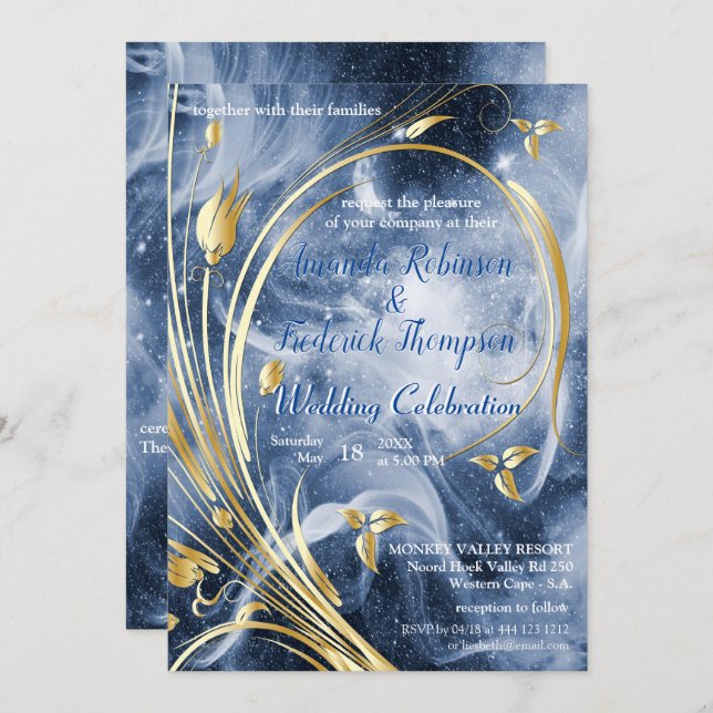 Blue-white Galaxy with a Gold abstract flower Invitation (Front/Back)