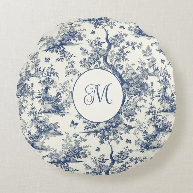 Blue White Garden Butterfly French Toile Round Cushion (Front)