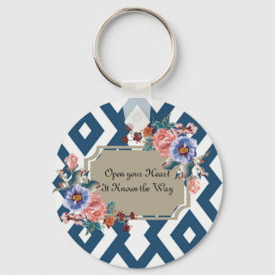 Blue/White Geometric Design Floral Key chain