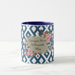Blue/White Geometric Floral Mug Open Your Heart