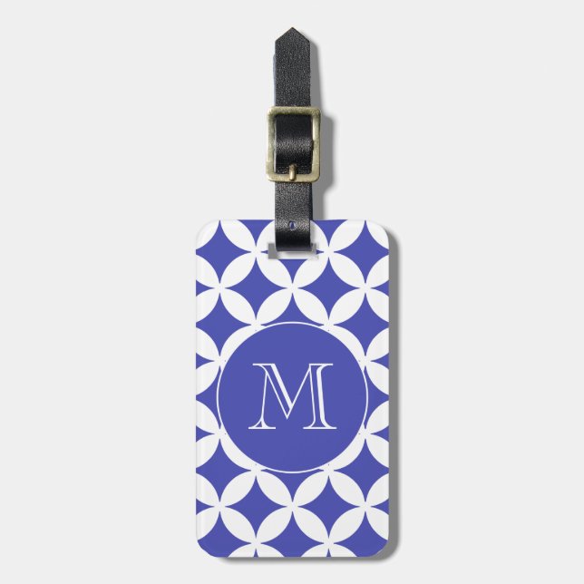 Blue White Geometric Pattern Custom Monogram Luggage Tag (Front Vertical)