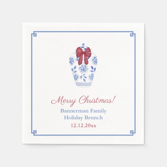 Blue White Ginger Jar Red Ribbon Holiday Party Napkin (Front)