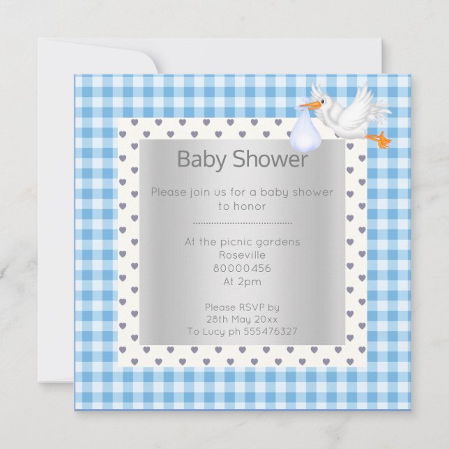 Blue White Gingham babyshower single stork Invitation (Front)