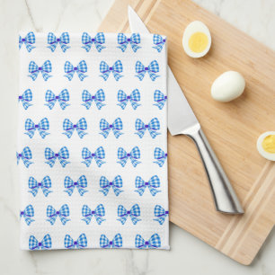 Blue-white gingham bow pattern tea towel
