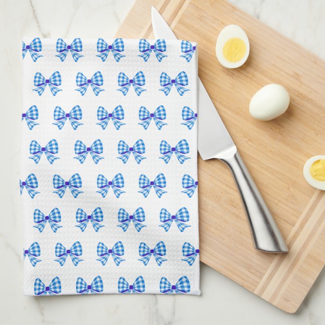 Blue-white gingham bow pattern tea towel (Quarter Fold)