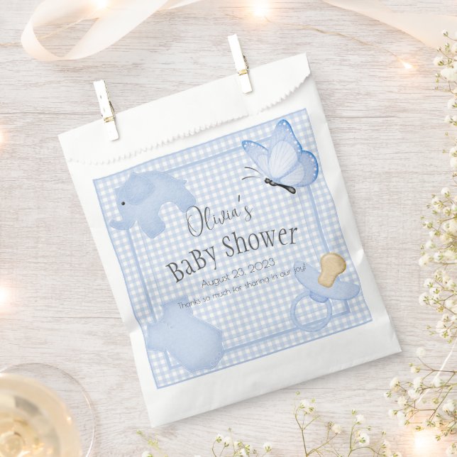 Blue White Gingham Boy Baby Shower Favour Bag (Clipped)