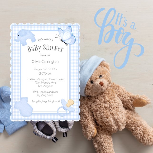 Blue White Gingham Boy Baby Shower Invitation (Creator Uploaded)