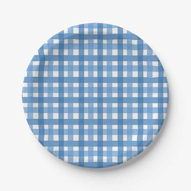 Blue & White Gingham Check Baby Shower Paper Plate (Front)