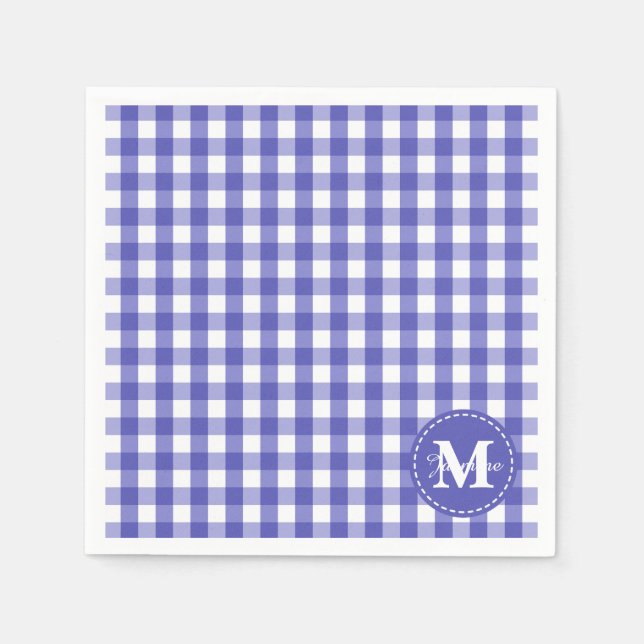 Blue White Gingham Check Pattern Monogram Napkin (Front)