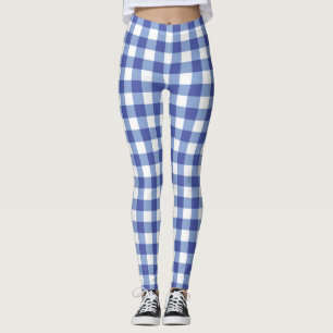 Blue & White Gingham Chequered Checks Plaid Leggings