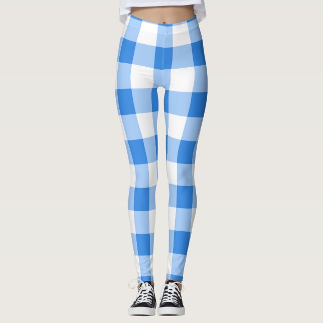 Blue & White Gingham Chequered Pattern Leggings (Front)