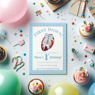 Blue & White Gingham Football 1st Birthday Invitation