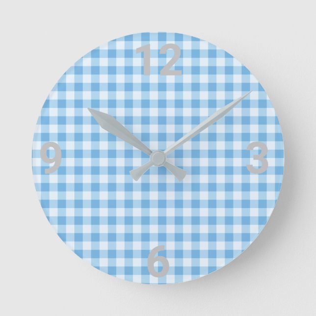 Blue White Gingham Modern Wall Clock (Front)