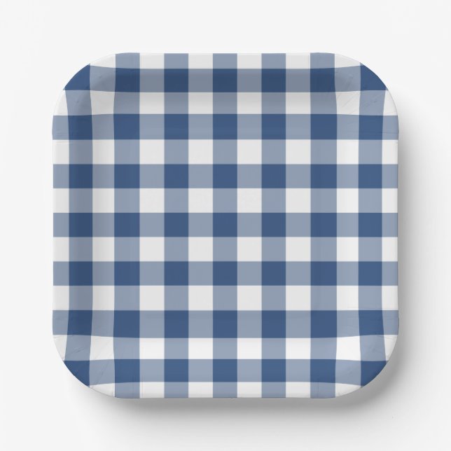 Blue White Gingham Pattern Paper Plate (Front)