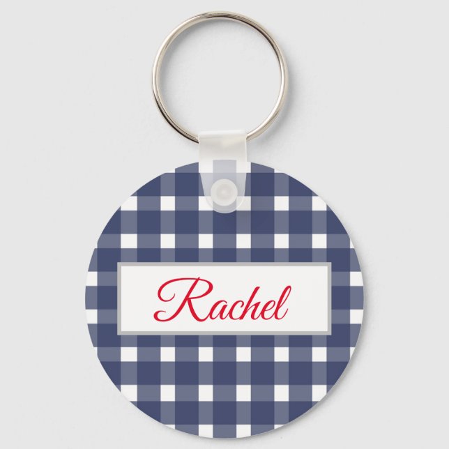 Blue White Gingham Personalised  Key Ring (Front)