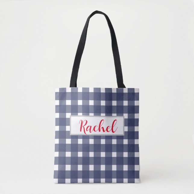Blue White Gingham Personalised  Tote Bag (Front)