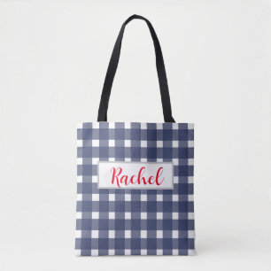 Blue White Gingham Personalized  Tote Bag