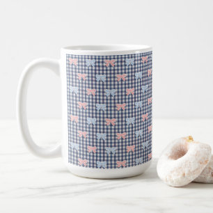Blue White Gingham Pink Blue Coquette Bows Trendy  Coffee Mug