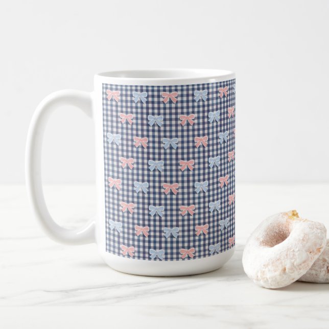 Blue White Gingham Pink Blue Coquette Bows Trendy  Coffee Mug (With Donut)