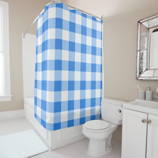 Blue & White Gingham Plaid Chequered Pattern Shower Curtain (In Situ)
