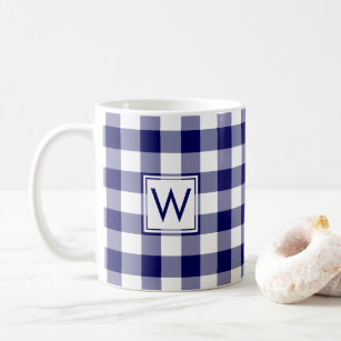 Blue White Gingham Plaid Pattern with Monogram Coffee Mug