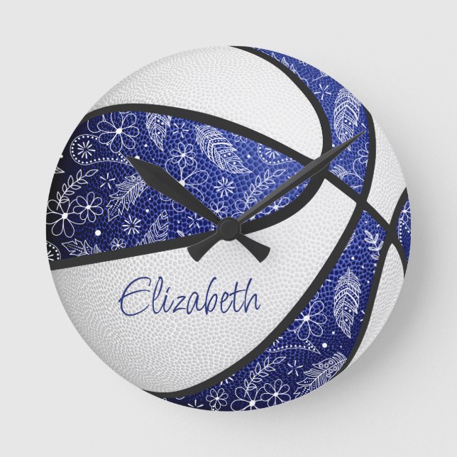 blue white girls boho feathers pattern basketball round clock (Front)