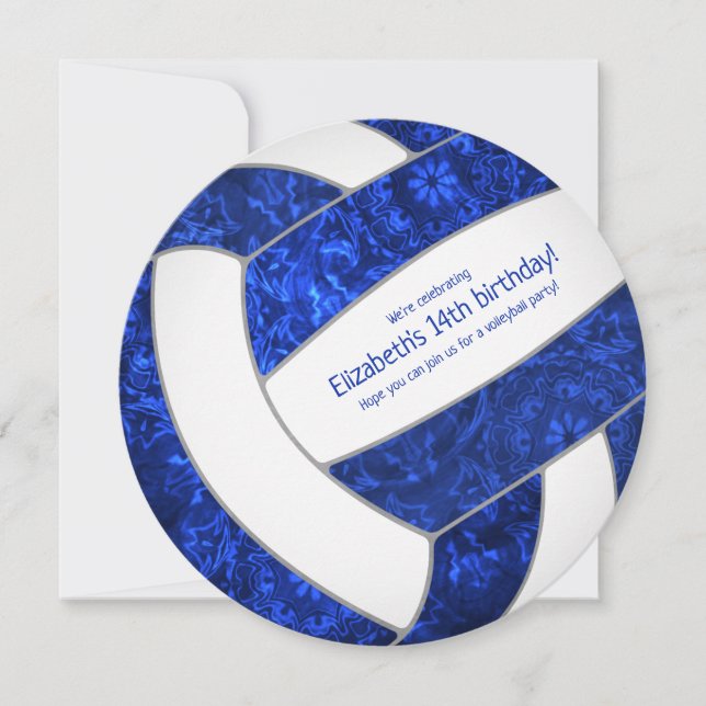 blue white girly volleyball birthday party announcement (Front)
