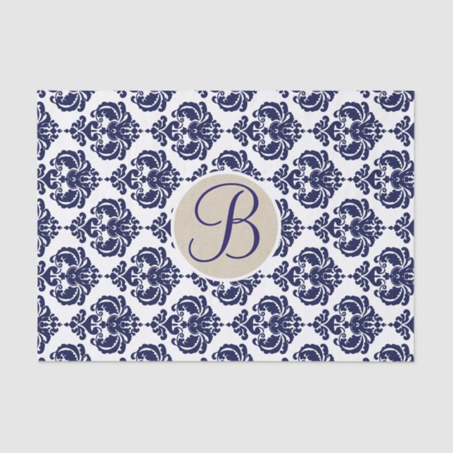 Blue & White Glam Damask Monogram Letter Initial Tissue Paper (Front)
