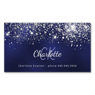 Blue white glitter monogram initials Magnetic business card