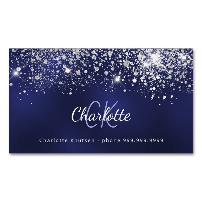 Blue white glitter monogram initials 	Magnetic business card (Front)