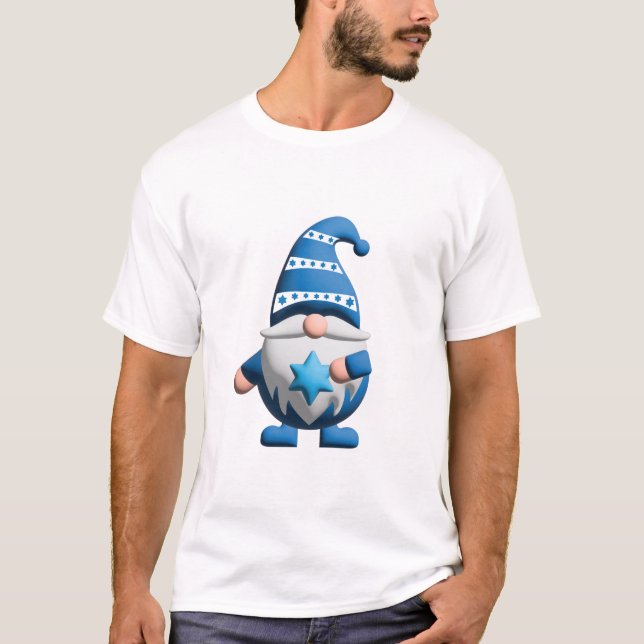 Blue White Gnome holding Star of David T-Shirt (Front)