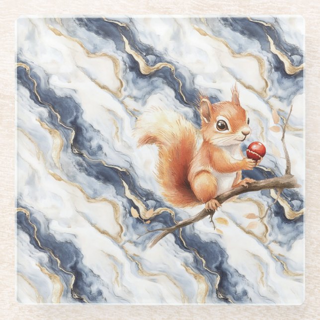 Blue White Gold Abstract Squirrel Apple Glass Coaster (Front)